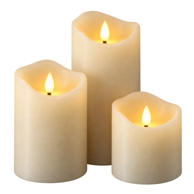 Three cream LED-style pillar candles of different heights with glowing flame tips