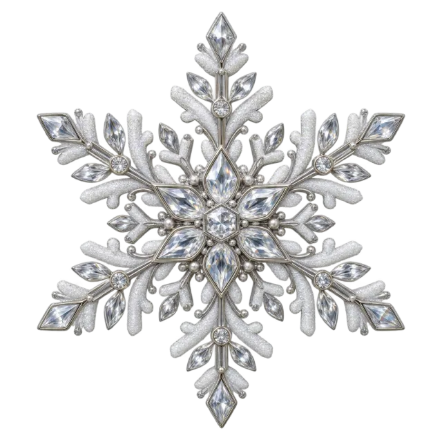 A six-pointed silver snowflake with clear jewel-like details