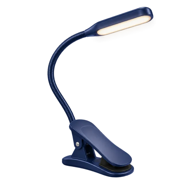 Dark blue clip-on book light with a flexible neck and slim illuminated head