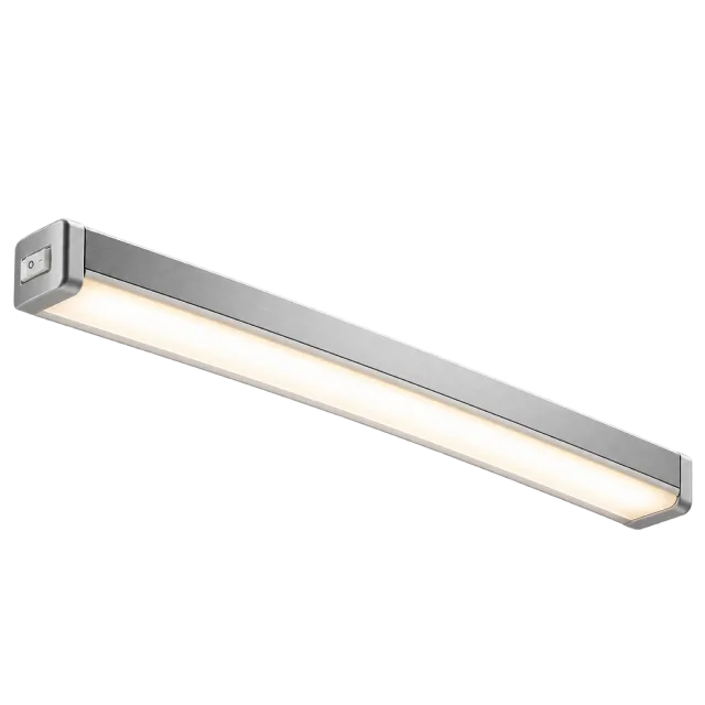 Slim silver-colored under-cabinet light bar with a white glowing strip