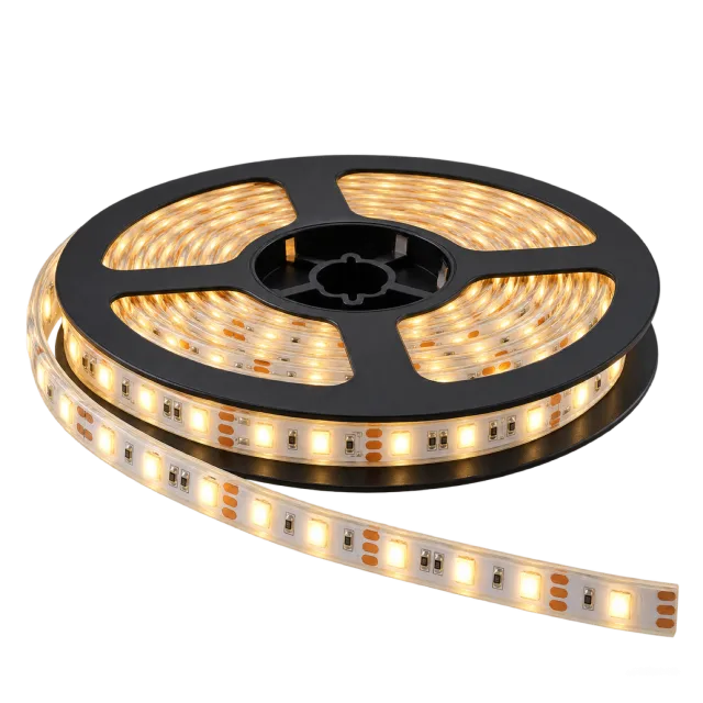 Warm white LED strip wound onto a black reel with a loose end