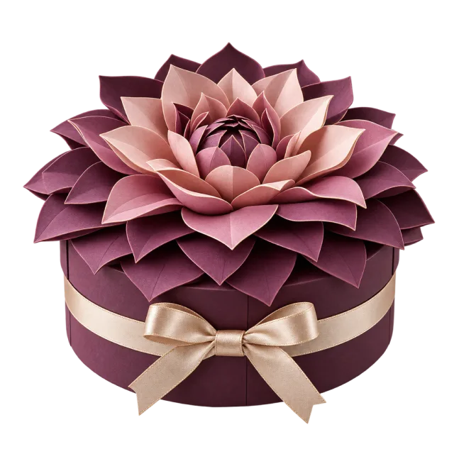 Plum round gift box topped with layered pink dahlia petals and a cream bow