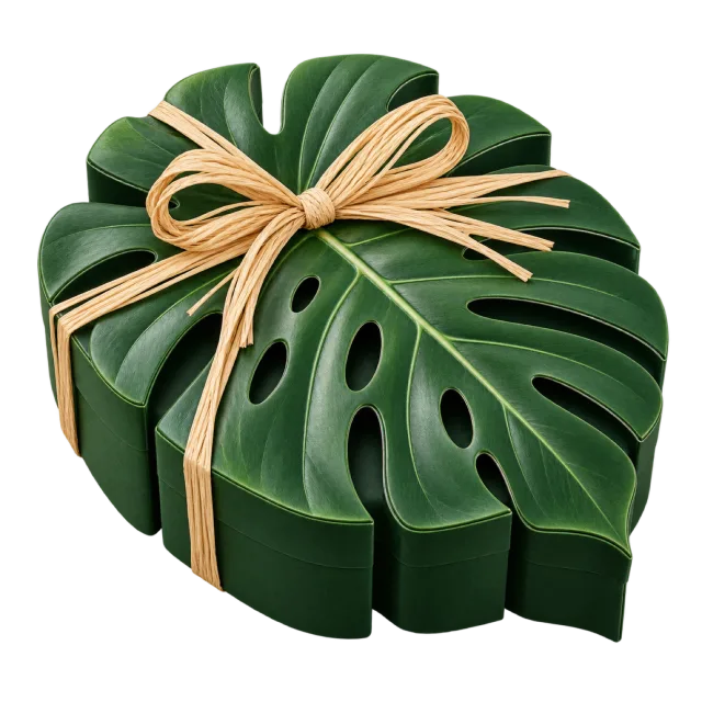 Dark green monstera leaf gift box with a natural-colored bow
