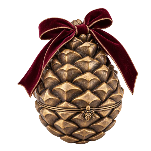 Bronze-colored pinecone keepsake box topped with a burgundy bow