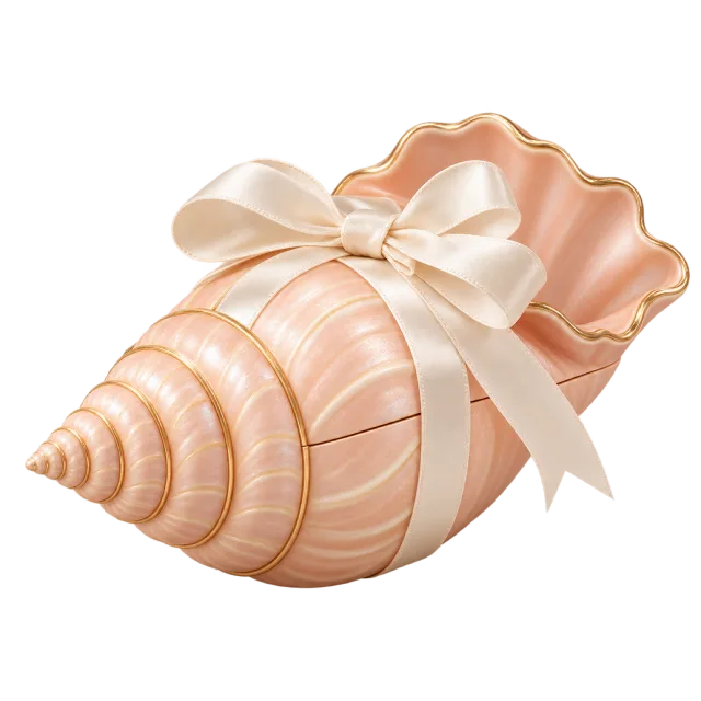 Peach spiral seashell gift box tied with an ivory ribbon