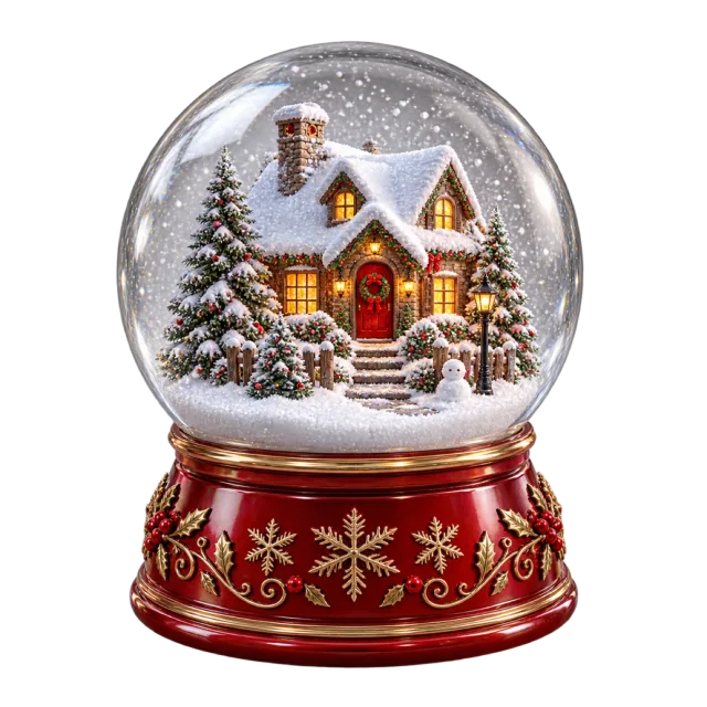 A glass snow globe with a snowy cottage and pine trees on a red decorative base