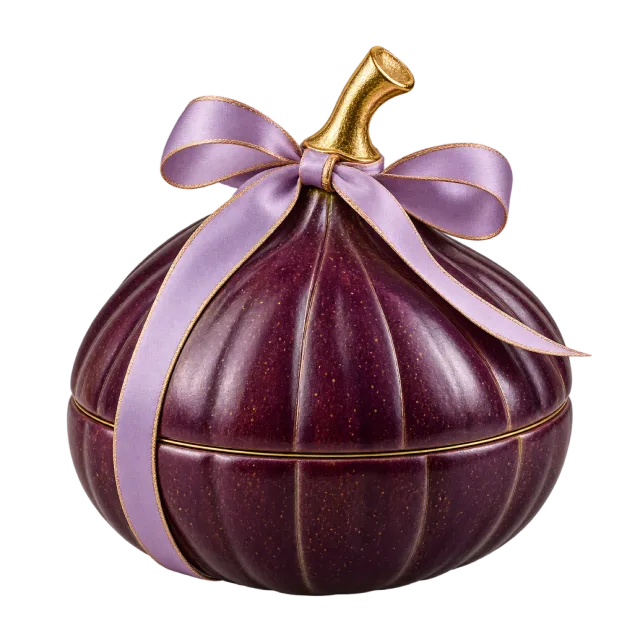 Purple fig-shaped gift box with a gold-colored stem and lilac bow