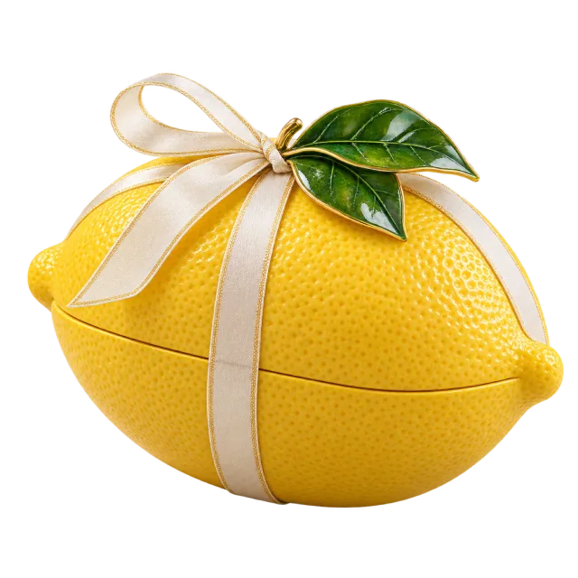 Yellow lemon-shaped gift box with green leaves and an ivory ribbon