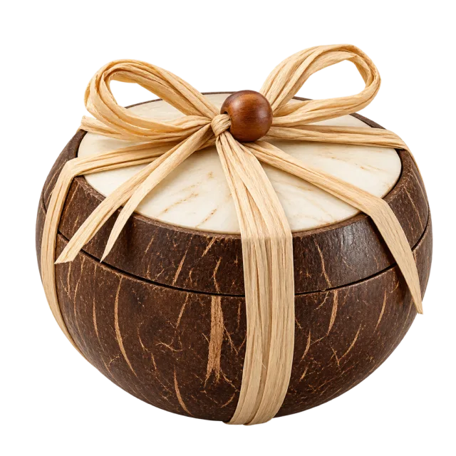 Brown coconut-shaped gift box tied with raffia-style ribbons