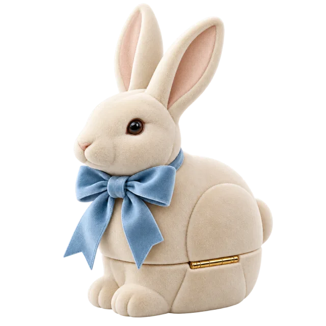 Cream rabbit-shaped gift box with upright ears and a blue bow