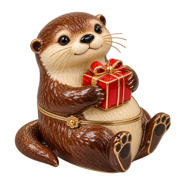 Brown otter keepsake box holding a tiny red wrapped present