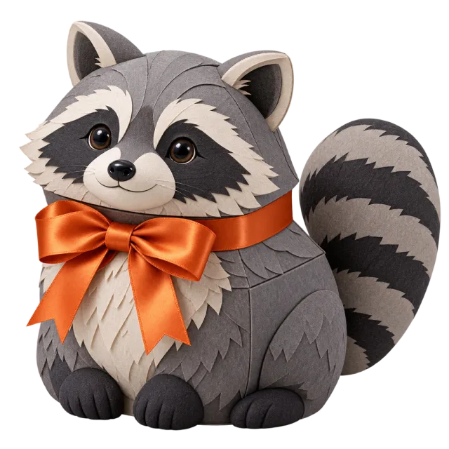 Gray raccoon-shaped gift box with a striped tail and orange bow