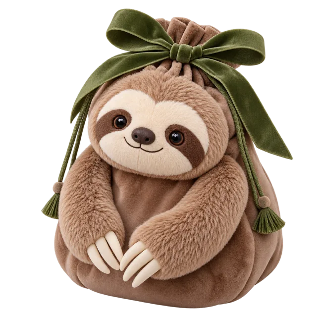 Soft brown sloth gift pouch with a green drawstring bow