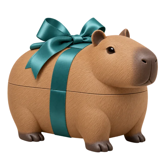 Tan capybara-shaped gift box wrapped with a teal ribbon