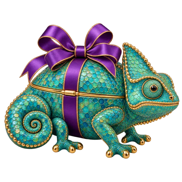 Turquoise jeweled chameleon gift box topped with a purple bow