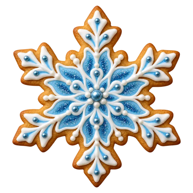 A snowflake-shaped cookie with detailed blue and white icing