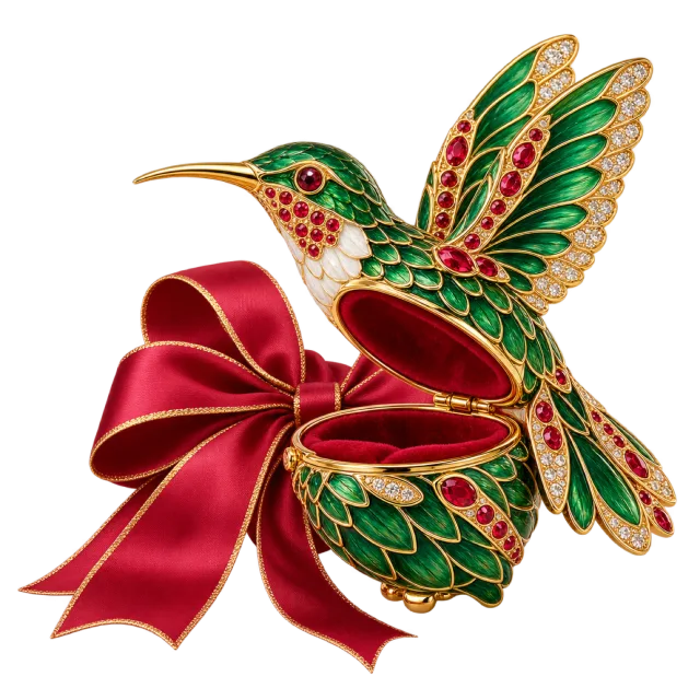 Green and red hummingbird ornament on a gift box with a red bow