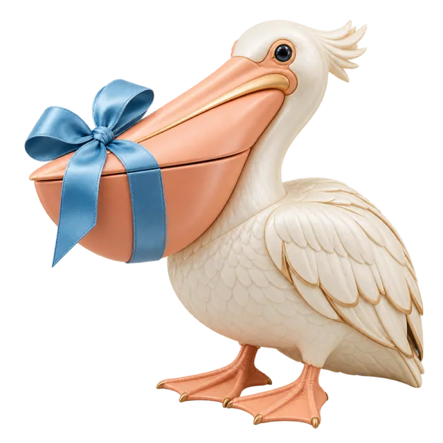 White pelican-shaped gift box with a peach beak and blue ribbon