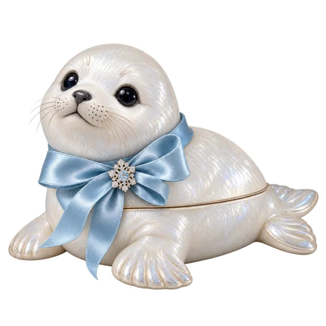 White seal pup gift box with a blue bow and sparkling brooch