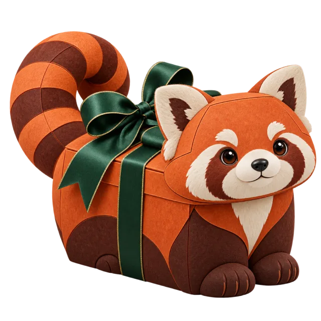 Orange red panda gift box with a striped tail and green ribbon