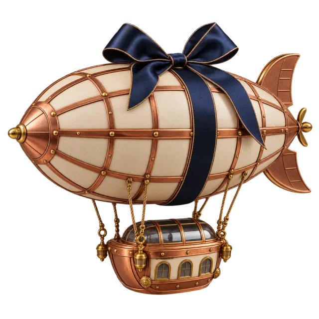 Cream and copper-colored airship gift box with a navy bow