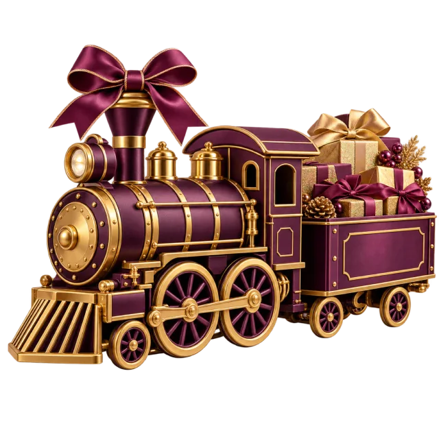 Purple and gold-colored steam train carrying small wrapped gifts