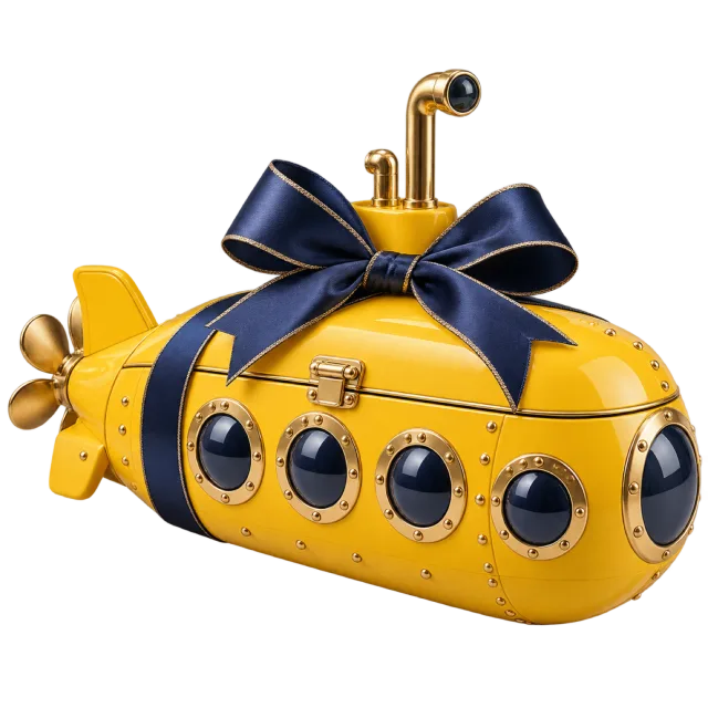 Yellow submarine gift box with round portholes and a navy bow