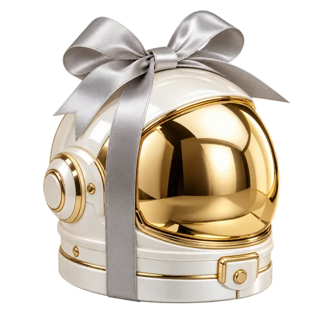 White astronaut helmet gift box with a gold-colored visor and silver bow