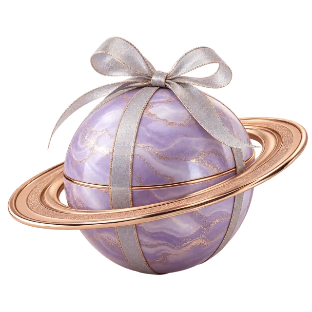 Lavender planet gift box with metallic rings and a pale ribbon
