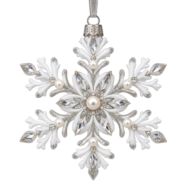 A hanging snowflake ornament with pale silver branches and pearl-like details