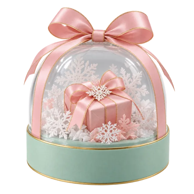 Snow globe gift box containing a pink present and snowflakes