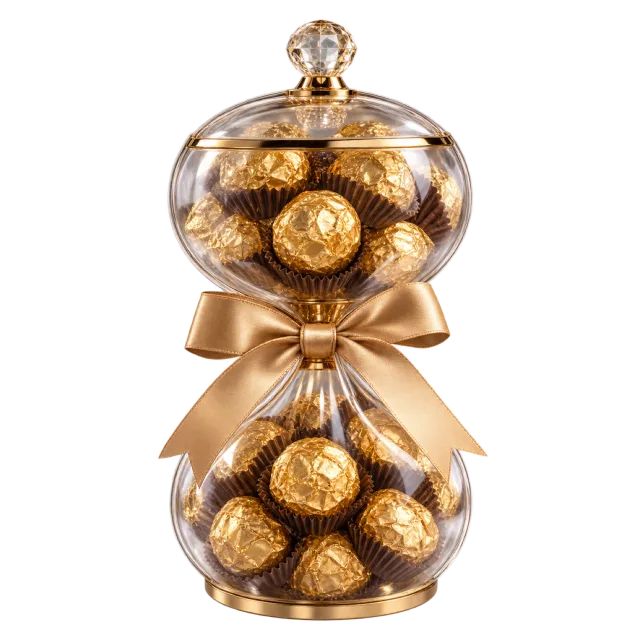 Clear hourglass-shaped package filled with gold-wrapped chocolates