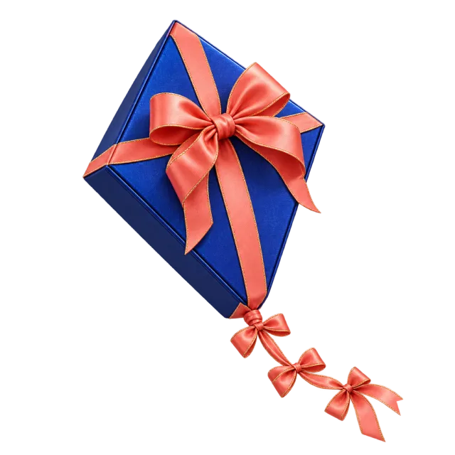 Blue diamond-shaped kite gift box with coral ribbons and bow tails