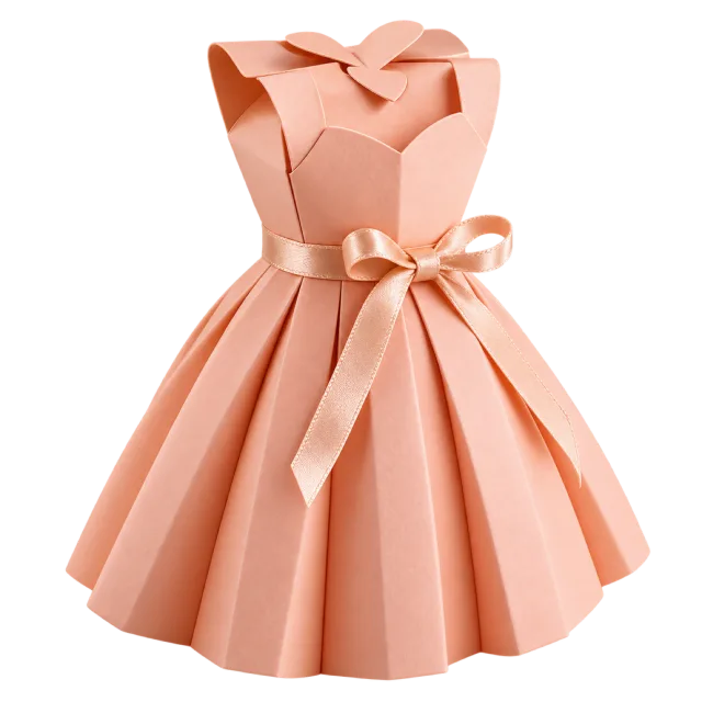 Peach dress-shaped gift box with a pleated skirt and small waist bow