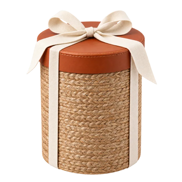Woven cylindrical gift box with a brown lid and ivory bow