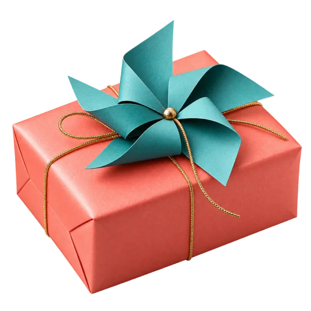 Coral gift parcel topped with a folded teal paper pinwheel
