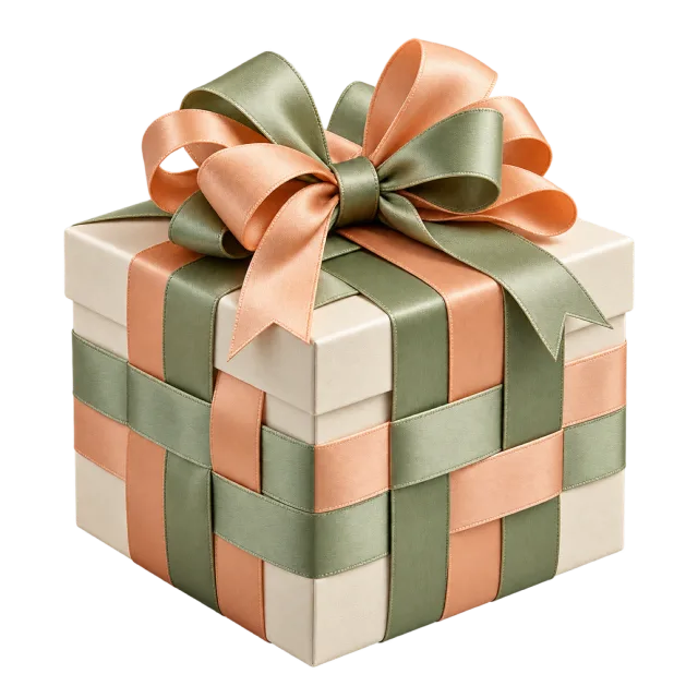 Square gift box covered in interwoven peach and sage ribbons