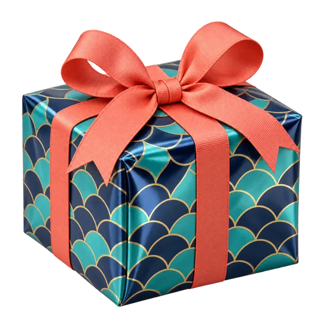 Blue and green scallop-patterned gift box with a coral bow