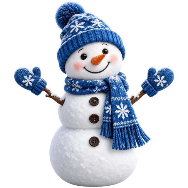 A smiling snowman wearing a blue snowflake hat, scarf and matching mittens