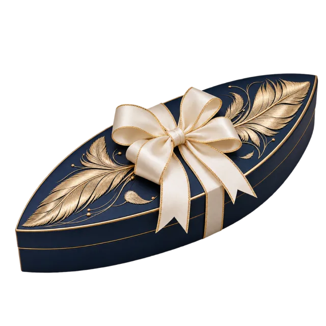 Navy marquise-shaped gift box with gold-colored feathers and an ivory bow