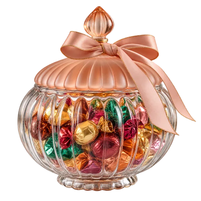 Ribbed clear candy jar with colorful wrapped sweets and a peach ribbon