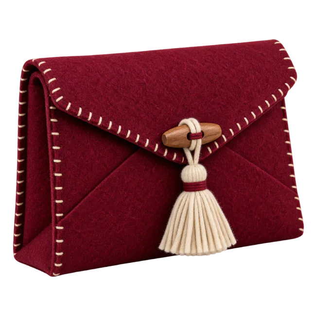 Burgundy stitched envelope gift pouch with a cream tassel