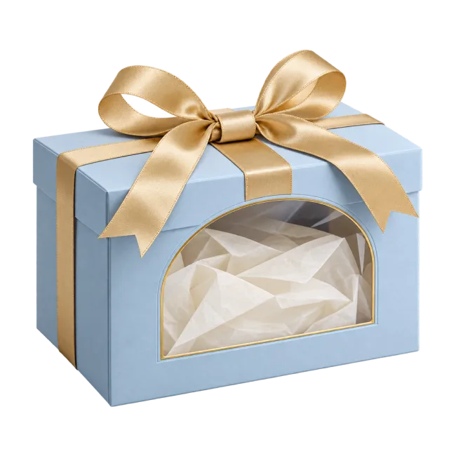Pale blue gift box with an arched window and gold-colored bow