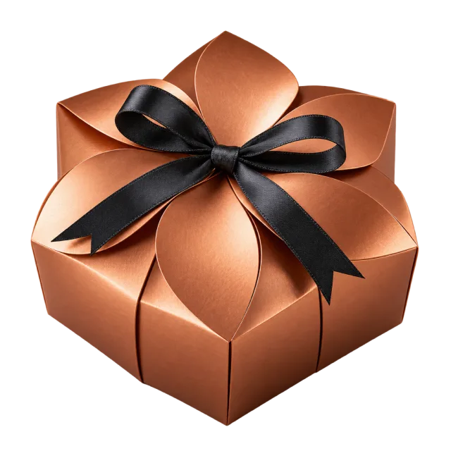 Copper-colored gift box with folded petal panels and a black ribbon