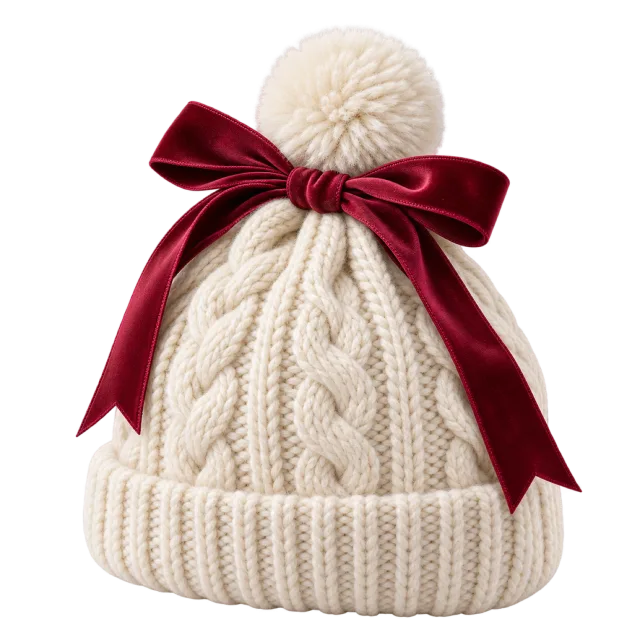 Cream cable-knit hat-shaped gift package with a pompom and burgundy bow