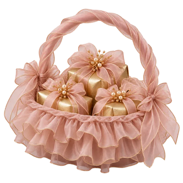 Pink ruffled gift basket with a twisted handle and flower decorations