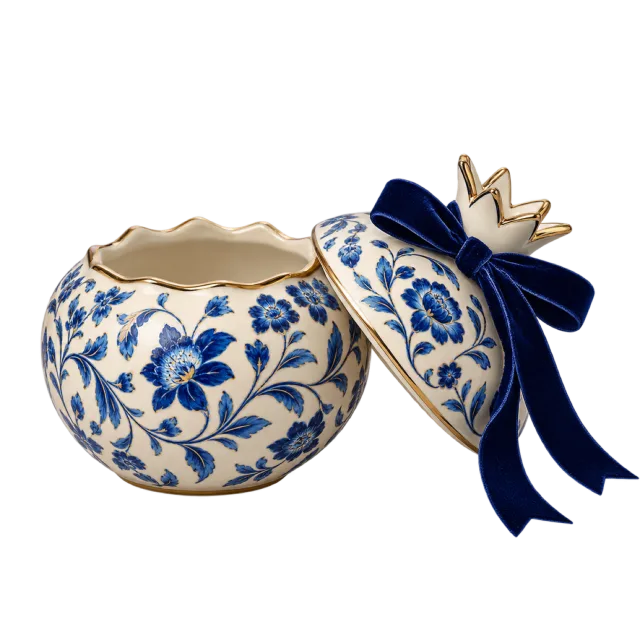 Blue and white floral pomegranate keepsake box with a navy bow