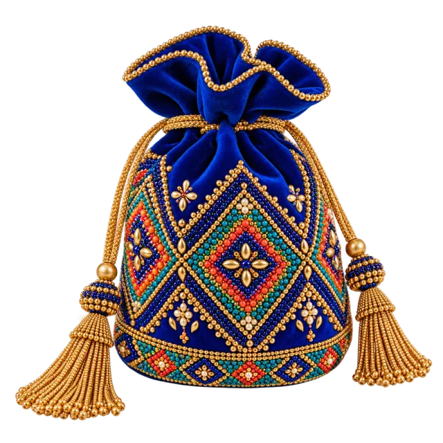 Royal blue beaded gift pouch with geometric patterns and gold-colored tassels