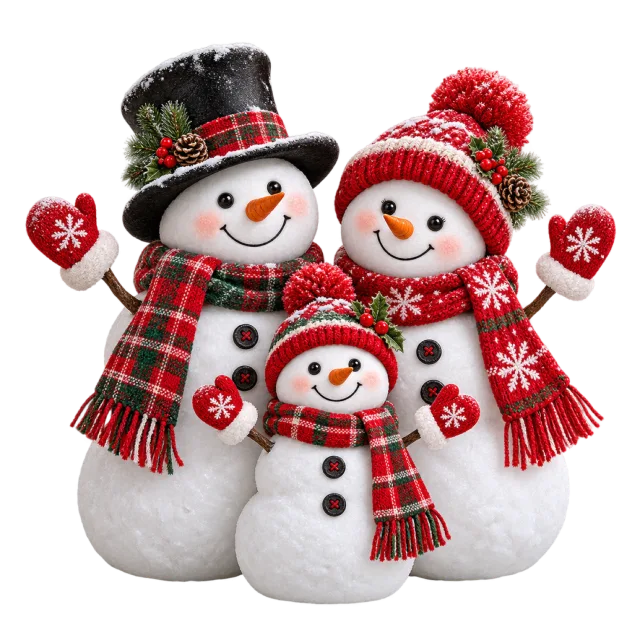 Three snowmen wearing red winter accessories and standing together as a family