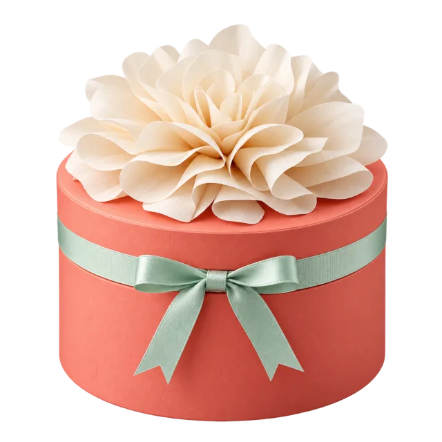 Coral cylindrical gift box topped with a cream paper rosette and mint ribbon